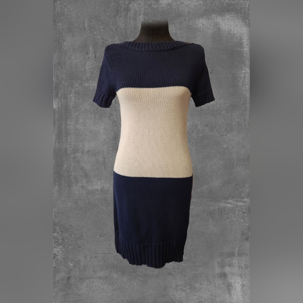 Vera Wang Lavender Label Navy Gray Colorblock Sweater Dress Size Small (D2)